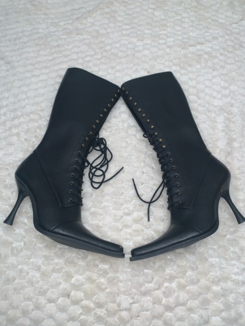 Dolls Kill Black Lace-Up Knee-High Heeled Boots with Gold Eyelets - Picture 5 of 11